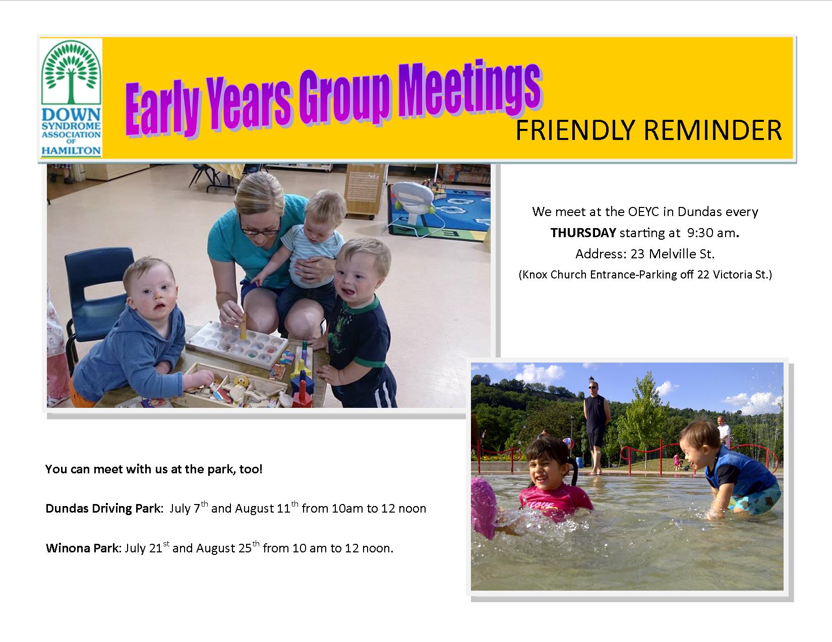 Eary Years Group -Summer Meeting Times